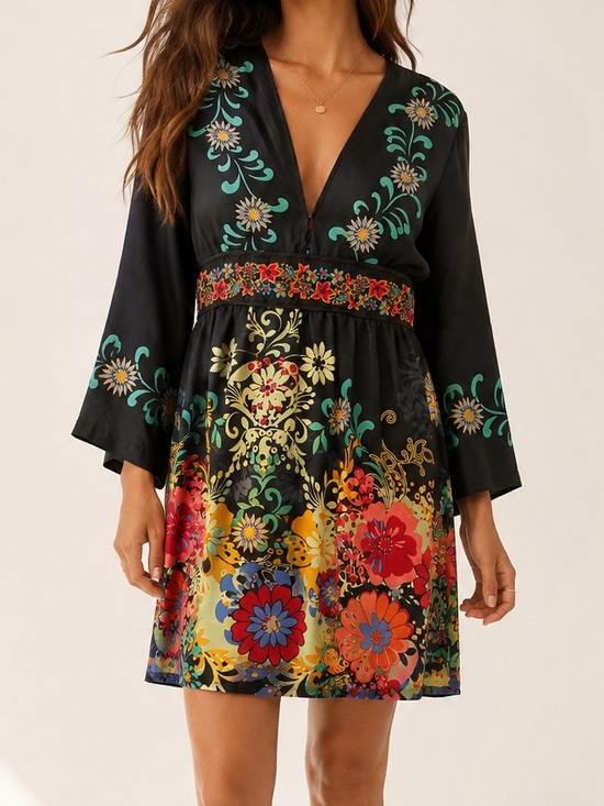 Johnny Was Dresses & Skirts - Johnny Was | 100% Silk Floral Plunge V-Neck Belted Boho Tunic Dress Size M